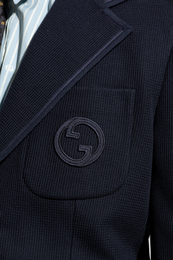 【送料&関税込】Gucci Navy Blue Cotton Blazer Gucci Navy Logo-Jacquard Cotton Blazer It 46 - Blue
